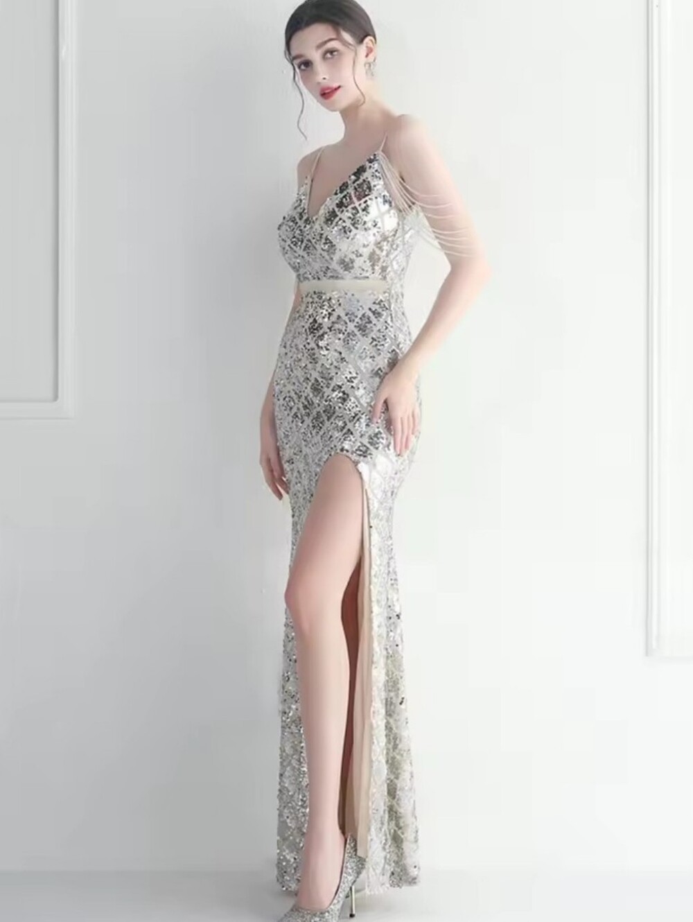 Silver Sequin Evening Gown with Illusion Sleeves - Picture 5 of 15